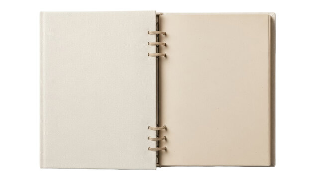 Open ring binder notebook isolated PNG on transparent background, blank pages for writing or drawing, scrapbook album for memories and creativity