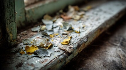 Close-up of decaying wooden windowsill with chipped paint and small fragments