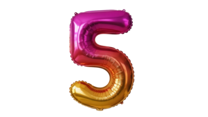 Shiny number 5 balloon PNG isolated on transparent background, gradient foil balloon in pink, orange and gold for party decoration and birthday celebration