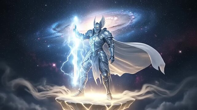 Epic Warrior Standing on Floating Island with Galaxy Background.