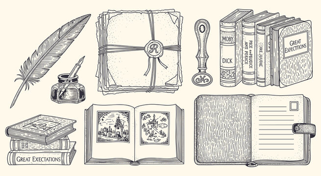 Vintage literary collection featuring antique writing instruments like a quill pen and inkwell alongside classic books and manuscripts, perfect for historical education and artistic design projects.