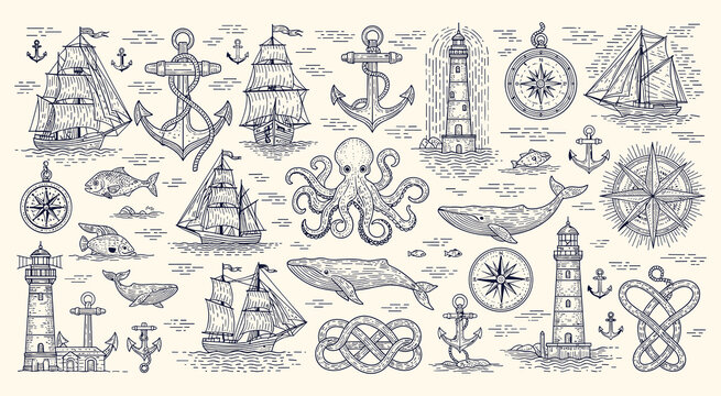 Vintage hand drawn seamless pattern showcases intricate marine elements featuring majestic sailing ships anchors lighthouses graceful whales an octopus and detailed compass roses creating a classic