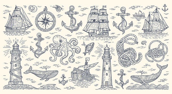 Classic nautical elements illustration featuring vintage sailing ships, intricate anchors, detailed lighthouses, a mysterious octopus, majestic whales, and coiled ropes meticulously arranged as a