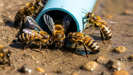 bees in the garden, bees on the wall, bees in the hive, bees or wasp-like insects gathered on muddy ground near shallow water, natural outdoor environment, translucent wings with golden and dark strip