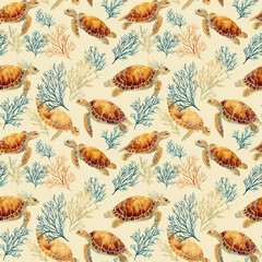 watercolor seamless pattern turtles swim among coral in ocean setting. design features light background with repeated pattern of sea creatures and plants