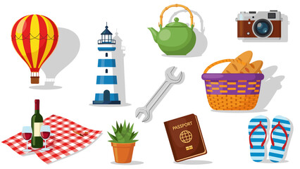 A colorful vector graphic illustration of various summer vacation icons and objects arranged on a white background