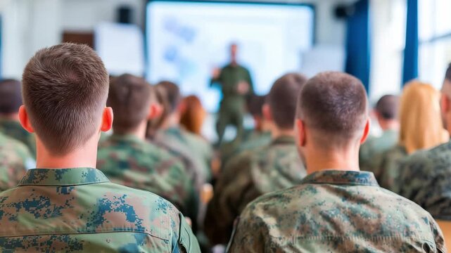 Military members focus on their instructor during a leadership training session in an indoor classroom