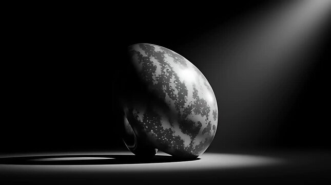 Rotating black abstract Mobius sculpture under spotlight.