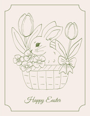 Whimsical bunny in a flower basket Vector illustration for Easter