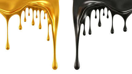 Golden and black liquid metal drips on white background
