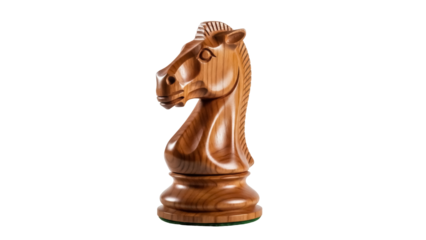 Wooden knight chess piece isolated PNG on transparent background, handcrafted game piece for strategy and intellectual pursuits