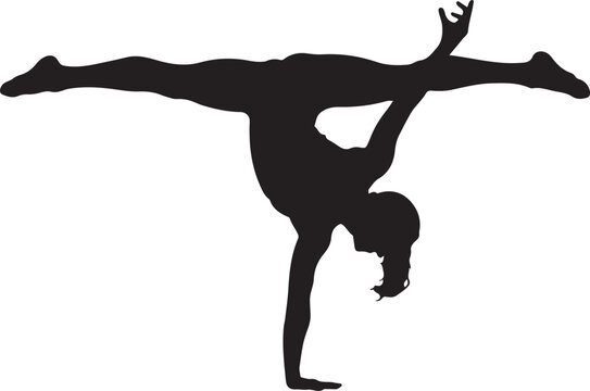 Athletic female gymnast silhouette performing one-arm handstand split
