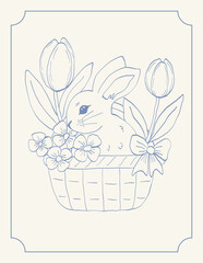 Whimsical bunny in a flower basket Vector illustration