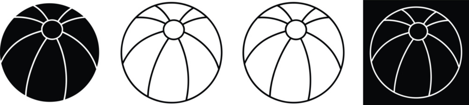 Beach ball icon vector set featuring solid and outline designs in playful summer style for travel, vacation, and leisure themes
