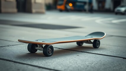 ollie. Skateboard on concrete, captured at a dynamic angle with motion blur against an urban backdrop. event key visuals, club posters, designed for fitness apps and gym onboarding.
