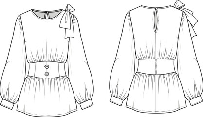 Women’s blouse sketch, puff sleeves, bow shoulder detail, flared waist, keyhole back, fashion design layout, flat vector illustration