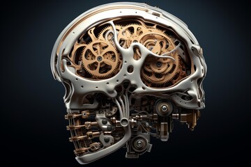 Robotic human skull head presenting internal clockwork gears on black background