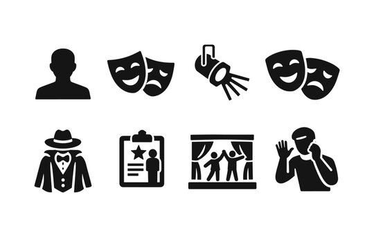 Set of black theater and performance icons including drama masks, actor silhouette, costume, spotlight, audition clipboard, stage curtains, and mime
