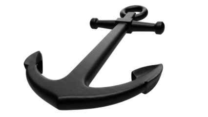 Black metal anchor isolated PNG on transparent background, nautical equipment for marine and maritime themes