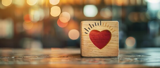 Fototapeta premium Customer satisfaction and kpi measurement concept with a wooden heart block on office desk, symbolizing service quality, feedback analysis, trust, loyalty and performance evaluation. love and care