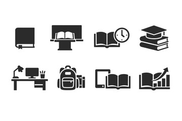 Set of black education and study icons showing books, computer learning, open book with clock, graduation stack, desk workspace, backpack, tablet, and growth chart