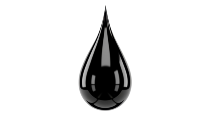 Glossy black oil drop PNG isolated on transparent background, shiny liquid droplet for design and industrial use