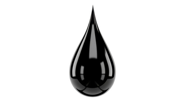 Glossy black oil drop PNG isolated on transparent background, shiny liquid droplet for design and industrial use