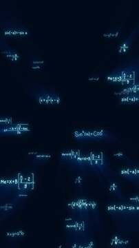 math theory formulas and numbers shiny glowing  blue, mathematics algebra and science education vertical social media background
