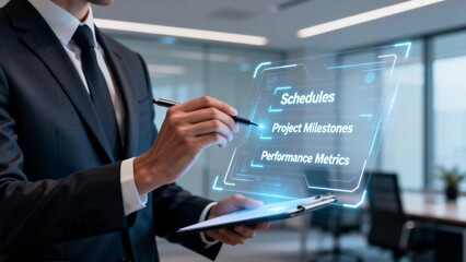 Businessman interacting with holographic display