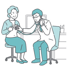 聴診器で異常を確認する男性医師（白衣・体調不良の高齢女性患者）