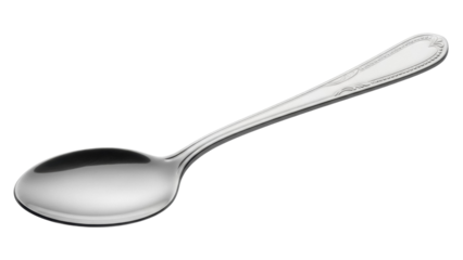 Elegant silver spoon isolated PNG on transparent background, shiny metal utensil for dining and kitchen use