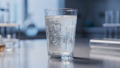 Medium shot showcasing lowfizz carbonation infusion with gentle slowrising bubbles in a chilled drink highlighting the subtle carbonation effect in a modern lab environment.