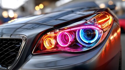 A car with a bright blue headlight. The headlight is surrounded by a pink and orange light