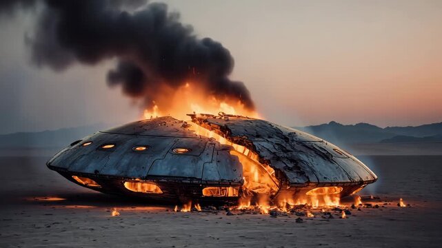 A UFO crashes in a desert, catches fire, and emits smoke under a sunset sky with distant mountains visible