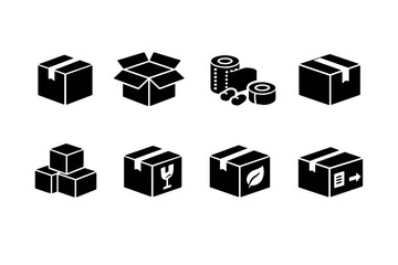 Set of black delivery and packaging icons featuring closed and open cardboard boxes, fragile handling symbol, eco label, and shipping direction mark