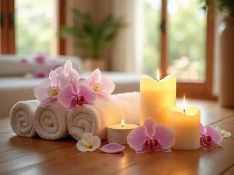 Un ambiente de spa tranquilo con velas parpadeantes, aceites esenciales, toallas blancas enrolladas y orqu&iacute;deas