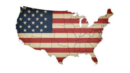 USA map with American flag pattern isolated PNG, United States of America patriotic symbol on transparent background for design projects