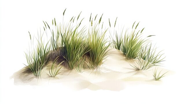 Coastal sand dune with green sea grass and beach vegetation isolated on white background showing simple nature landscape design element