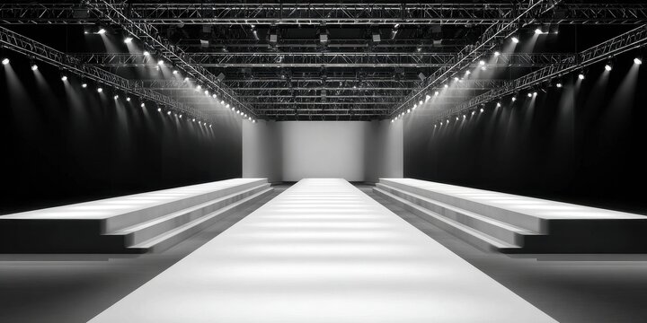 Empty Modern Fashion Runway Stage with Balanced Lighting and Dark Background