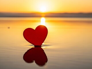 Single red heart on sandy beach shore during beautiful sunrise