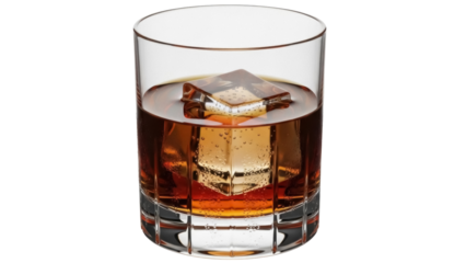 Whiskey in a glass with ice cube isolated PNG, amber liquid on transparent background, alcoholic beverage for bar and restaurant
