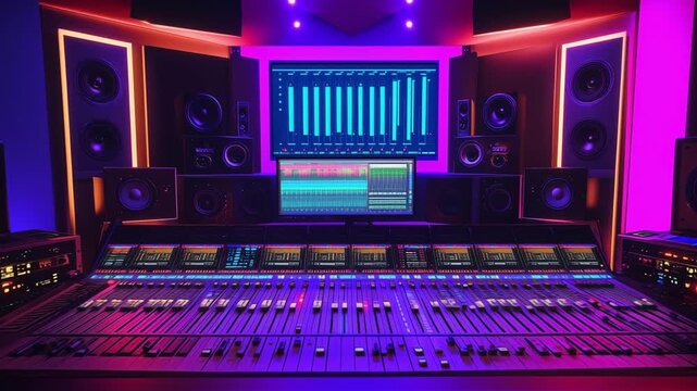A recording studio features modern equipment, colorful lighting, and an organized layout for music production activities