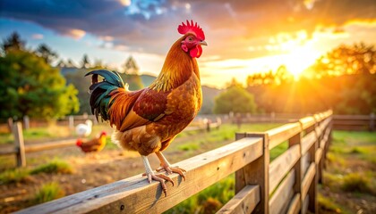 Rooster on wooden beam in sunlit barn interior, vibrant plumage, rustic warm atmosphere with chickens.