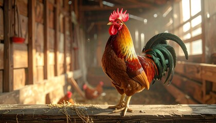 Rooster on wooden beam in sunlit barn interior, vibrant plumage, rustic warm atmosphere with chickens.