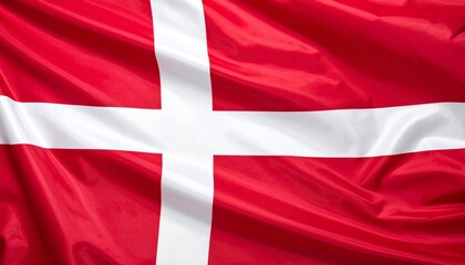 Obraz premium Denmark national flag (Dannebrog) with white Scandinavian cross on red field, flying against blue sky.