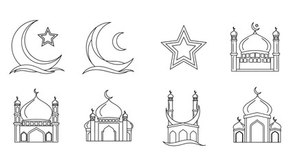 Elegant line art collection showcasing Islamic cultural symbols crescent moons, stars, and diverse mosque outlines. Perfect for design projects