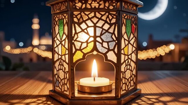 man lights a candle in a fanus during Ramadan