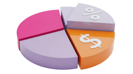 Colorful pie chart with dollar and percentage signs isolated PNG, business finance data visualization on transparent background
