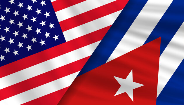 USA and Cuba flags separated by a deep crack. Concept of political division, diplomatic crisis, embargo, and broken relations between the United States and Cuba with a waving fabric texture.