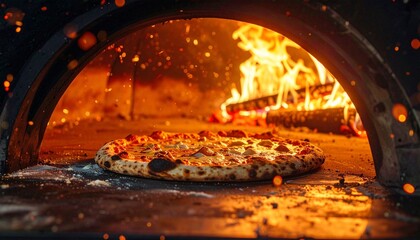 Wood-fired oven pizza with golden crust, melted cheese, flames and glowing embers in rustic setting.
